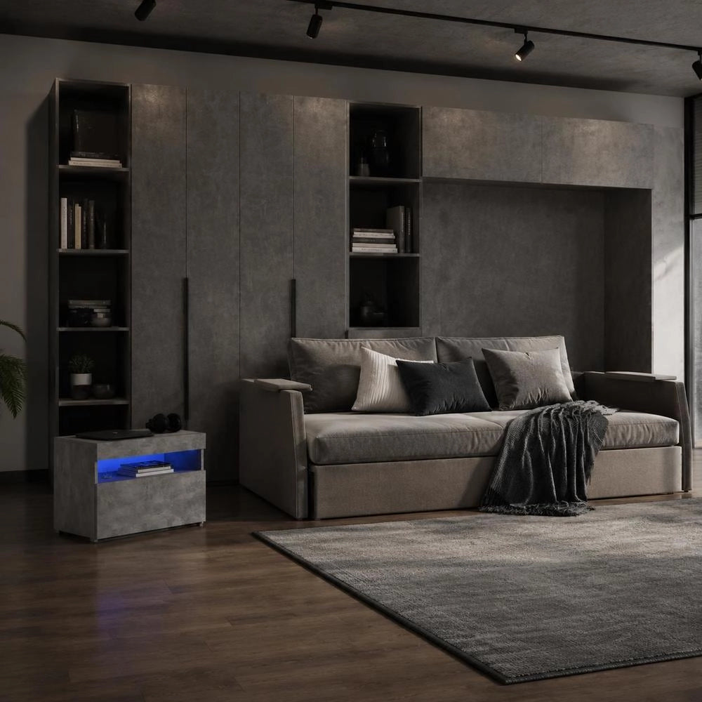 Bedside Table With LED Lights, Concrete Grey, 60x35x40 Cm