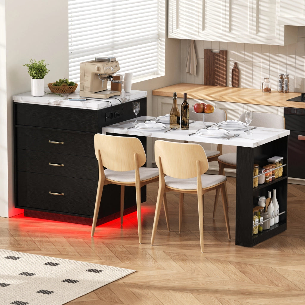 Tavolo da pranzo estensibile nero con LED, USB e vani