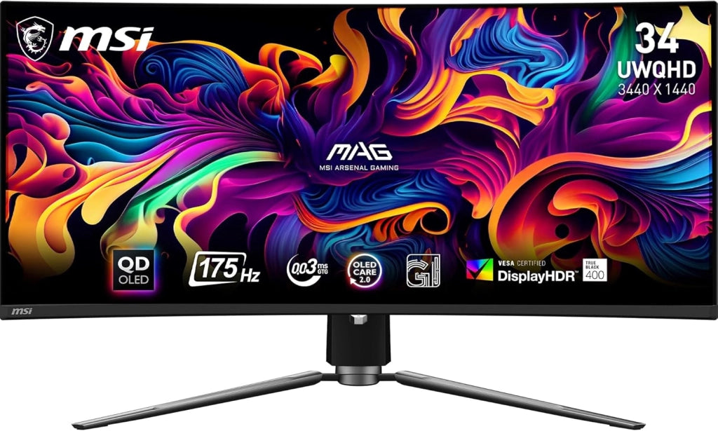 MAG 341CQP QD-OLED Monitor Gaming Curvo UWQHD 34", Quantum Dot OLED (3440x1440), 175Hz / 0.03ms, 99% DCI-P3, ΔE≤2, DisplayHDR True Black 400, KVM, DP 1.4a, HDMI 2.1, USB Type-C