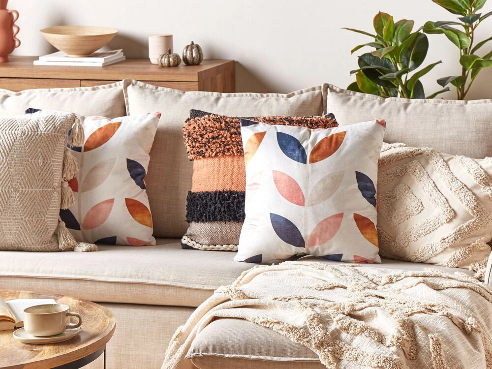Set di 2 cuscini in velluto multicolore 45 x 45 cm accessorio boho motivo foglia
