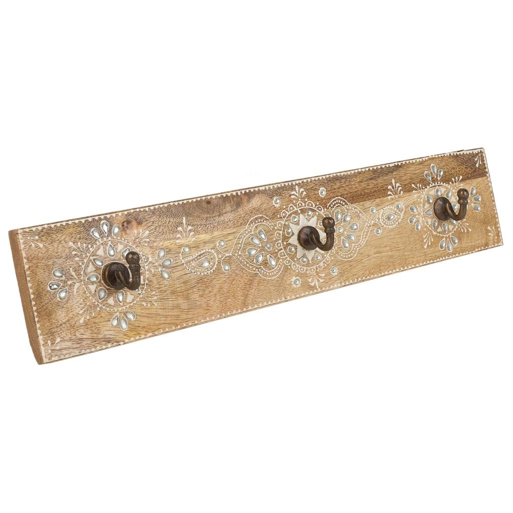 Portabito in legno con 3 ganci verniciato a mano marrone 48x5x10h