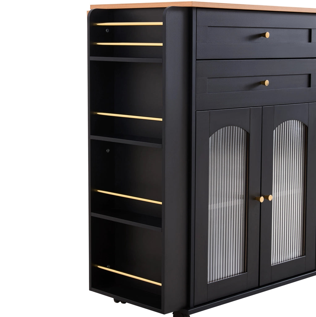 Isola da cucina mobile 110 cm con piano ribaltabile; 2 cassetti e ruote; nera