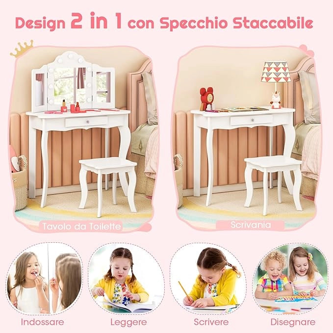 Toeletta Trucco 2 in 1 per Bambina, Specchiera Staccabile per Ragazza in Legno con Sgabello, Cassetto, Ripiani e Giocattoli, Postazione Trucco per 3 Anni, 70 x 34 x 103 cm(Bianco)