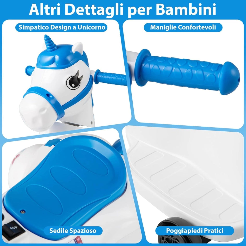 12V Giocattolo Unicorn a Cavallo, Macchina Cavalcabile con Ruote di Addestramento Modalità di Equitazione, Musica Panello LED, Cavallo a Motore per Bambini 3 Anni+ (Blu)
