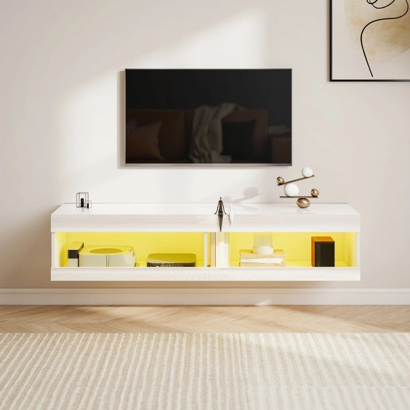 Mobile TV sospeso 140 cm bianco lucido con LED RGB e 2 vani aperti
