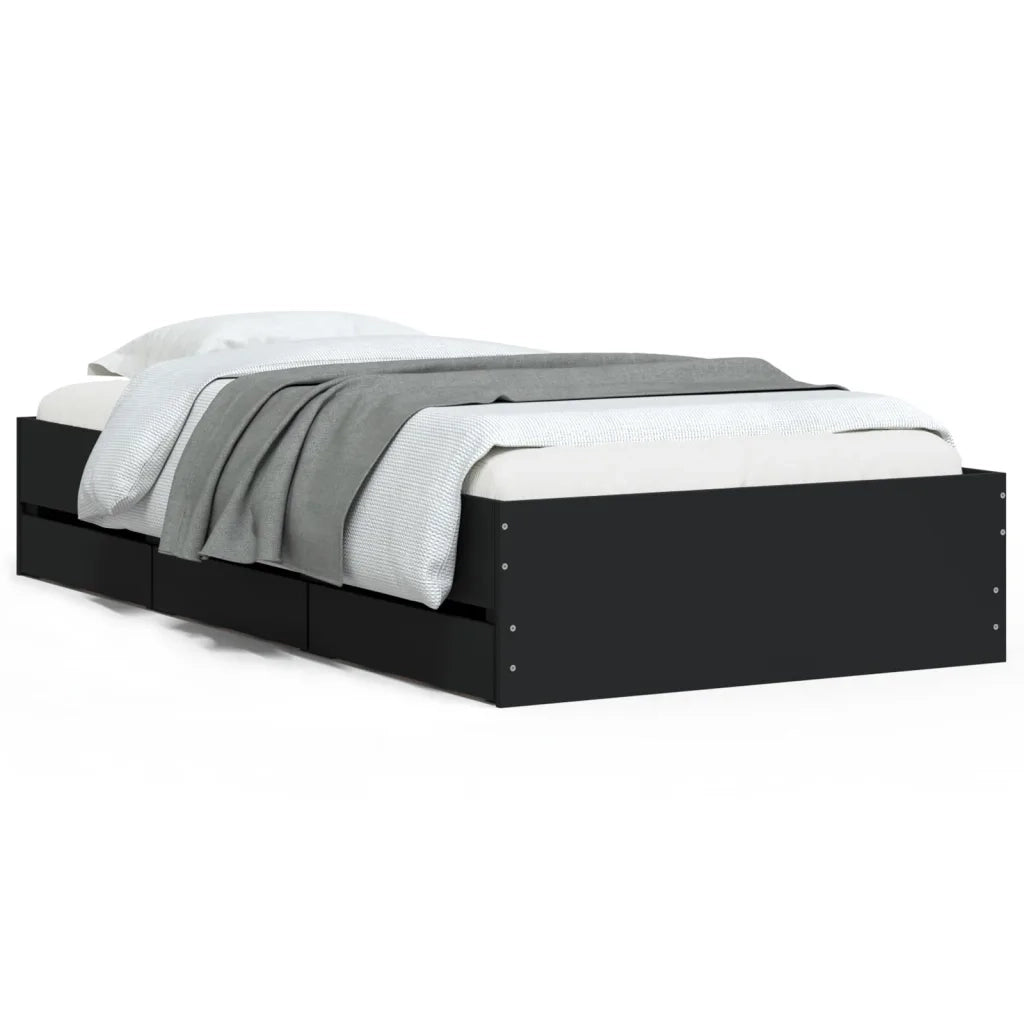 Letto singolo | Letto per adulti | Giroletto con Cassetti Nero 75x190 cm in Legno Multistrato