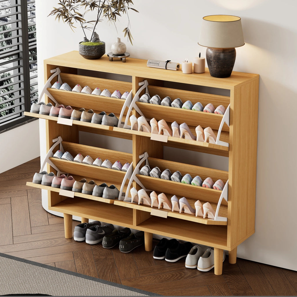 OKWISH Scarpiera con 4 Ante a Ribalta, Ripiani Regolabili, Dettagli in Rattan e Gambe in Legno, per Ingresso, 100×25×90 cm