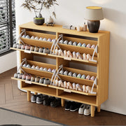 OKWISH Scarpiera con 4 Ante a Ribalta, Ripiani Regolabili, Dettagli in Rattan e Gambe in Legno, per Ingresso, 100×25×90 cm