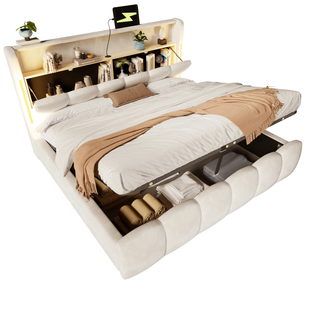 Letto contenitore imbottito con vano idraulico e LED RGB LEMONMAX; 180x200 cm; testiera con vano; USB-C; velluto; beige