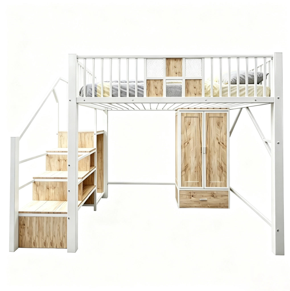 Letto a soppalco 140x200 cm con armadio e scala contenitore