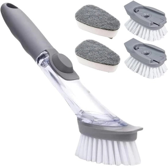Afwasborstello multifunzionale con dispensatore di detersivo e 4 teste di spazzolatura intercambiabili - 4-in-1 spazzolatore per padelle, pentole, lavello e vasche