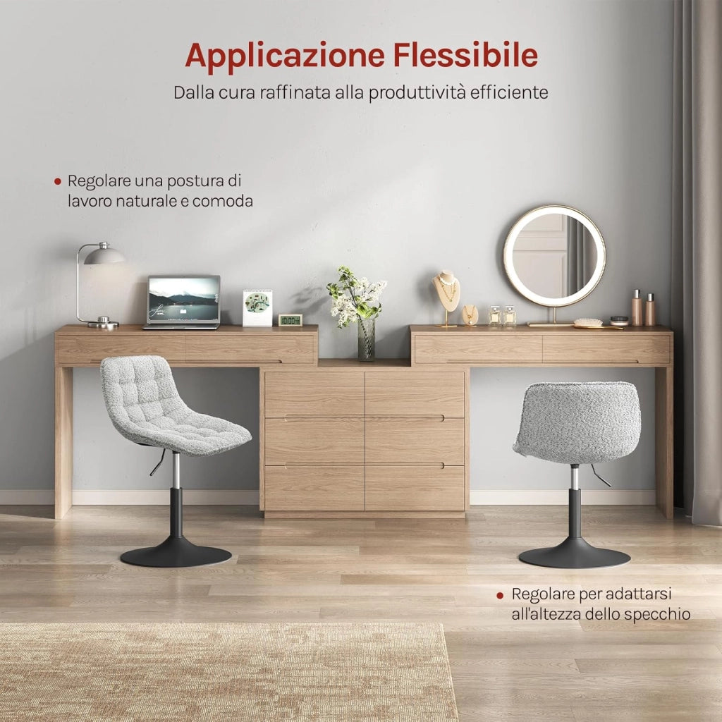 2 x Sgabelli per Toeletta Trucco, Sedia da Trucco con Schienale, Sgabello Regolabile in Altezza, Seduta in Ciniglia, Base in Metallo, Sgabello per Cucina, Camera da Letto, Grigio