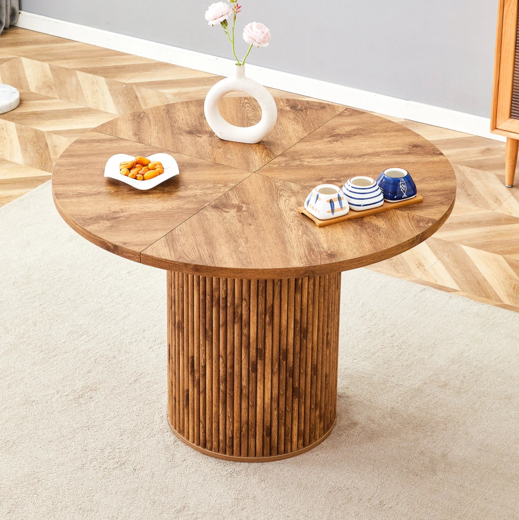 Tavolo da pranzo rotondo 100 cm in MDF e metallo; effetto legno; con vano contenitore