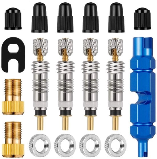 Set di sostituzione per valvole di pneumatici - 18 pezzi - Acciaio/Plastica - Componenti per biciclette - Valvola Presta - Kit di attrezzi
