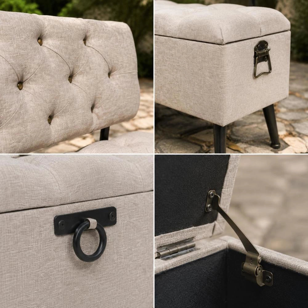 Bench With Storage Space And Backrest, 110cm, Cream Fabric