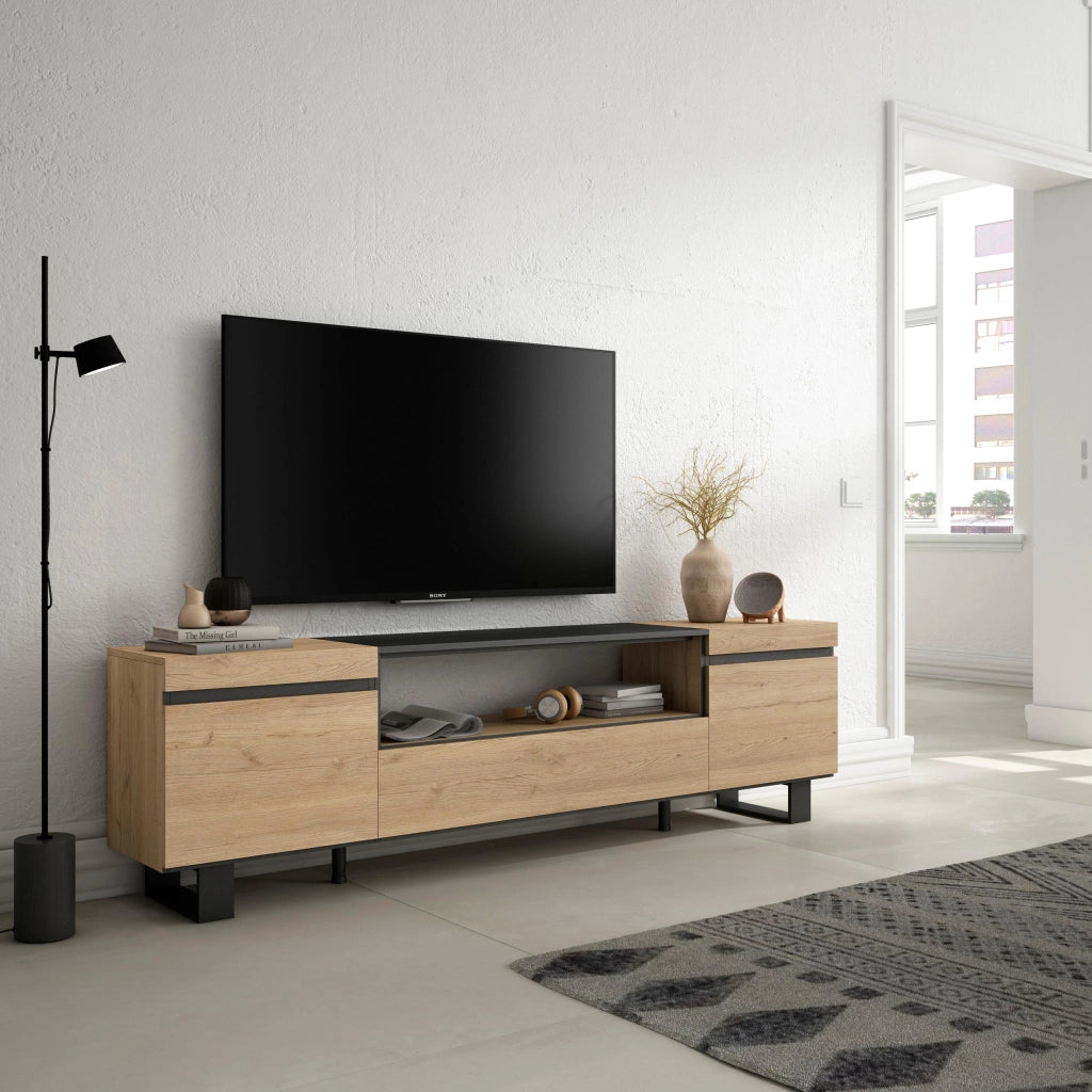Mobile TV, 200x35x57cm, soggiorno, Per TV fino a 80", Design industriale, colore Rovere e nero RF2149