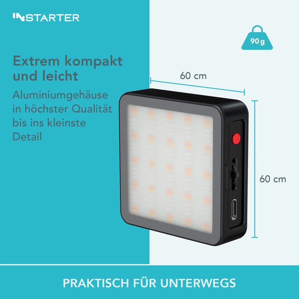 Instarter Mini LED RGB Luce per smartphone, fotocamera, fotografia, videochiamate, streaming, temperatura di colore 3200-7500K
