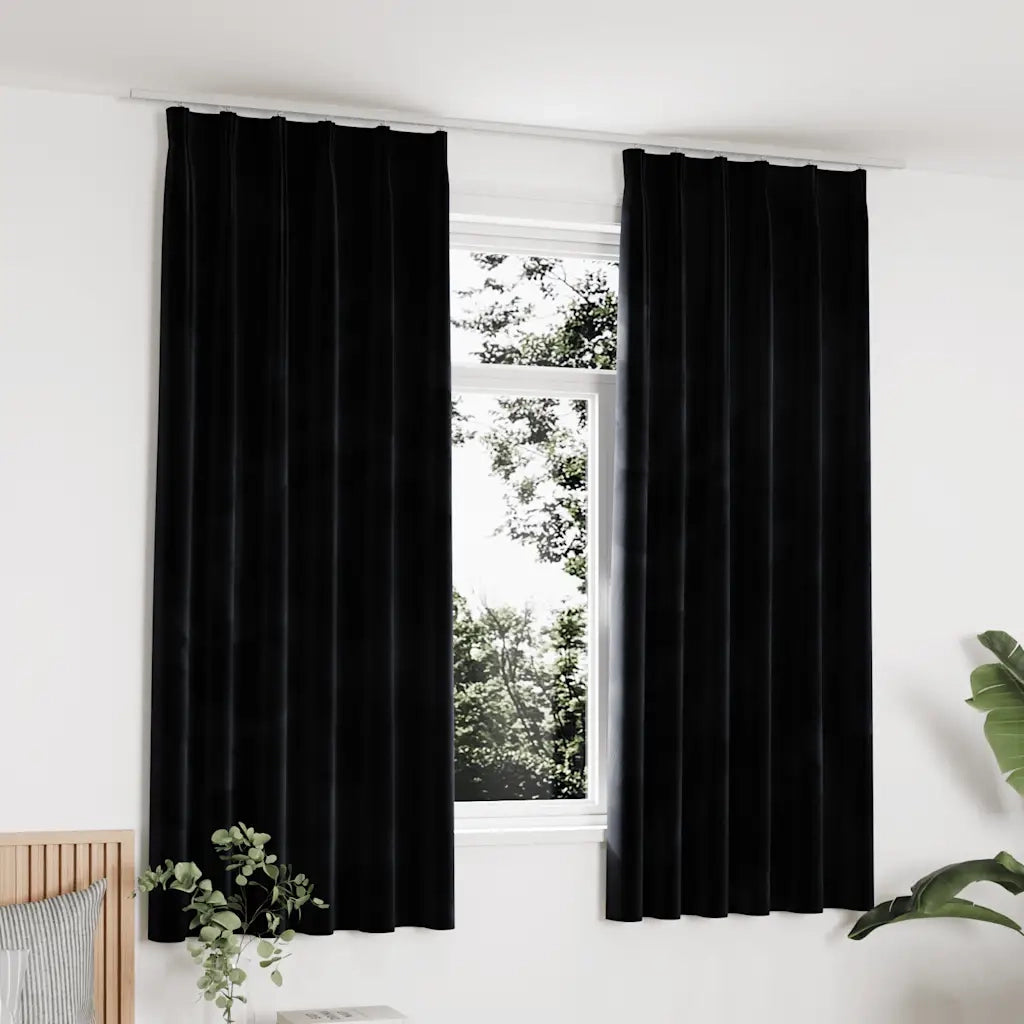 Tende Oscuranti | Tende Blackout con Ganci 2 pz Nere in Velluto 140x175 cm