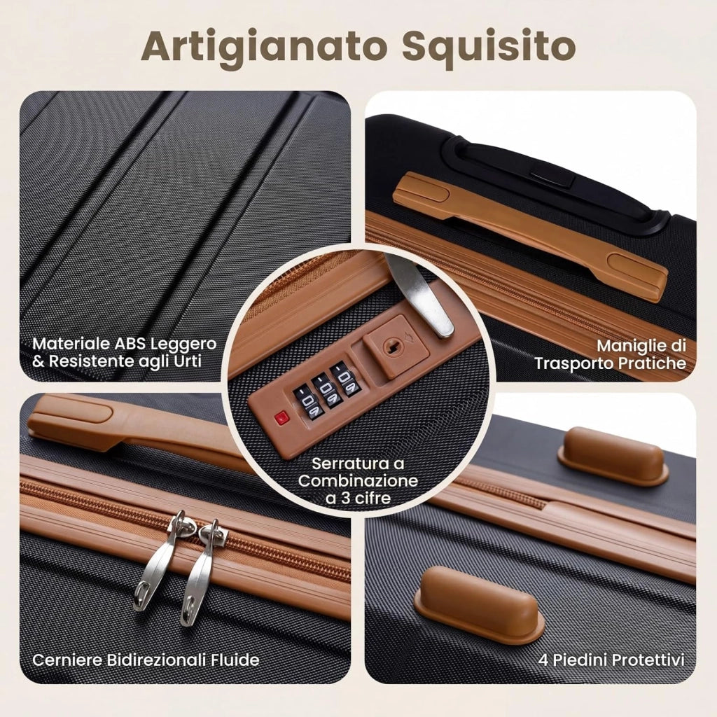 Set di 5 Pezzi Valigie da Viaggio, Set 3 Valigie Rigide in ABS (28”/24”/20”con 1 Bagaglio a Mano e 1 Borsetta, Lucchetto a Codice, Manico Telescopico e Ruote Girevoli, Trolley da Cabina (Nero)