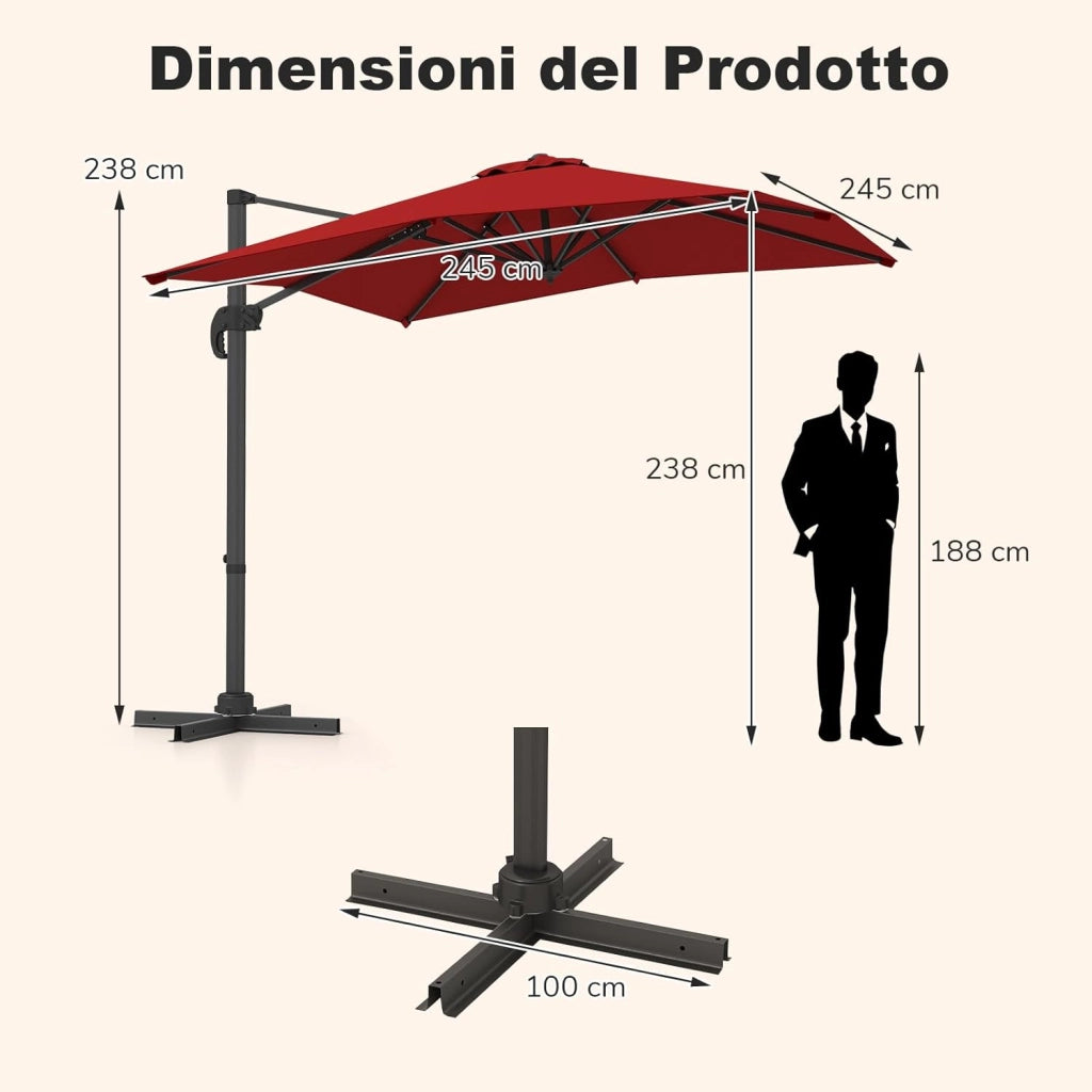 Ombrellone da Giardino 245 cm con Base, Ombrellone da Esterno Rotante a 360°, 5 Posizioni di Inclinazione Regolabili, 8 Stecche, Manovella, Palo in Alluminio, per Giardino Patio (Rosso)
