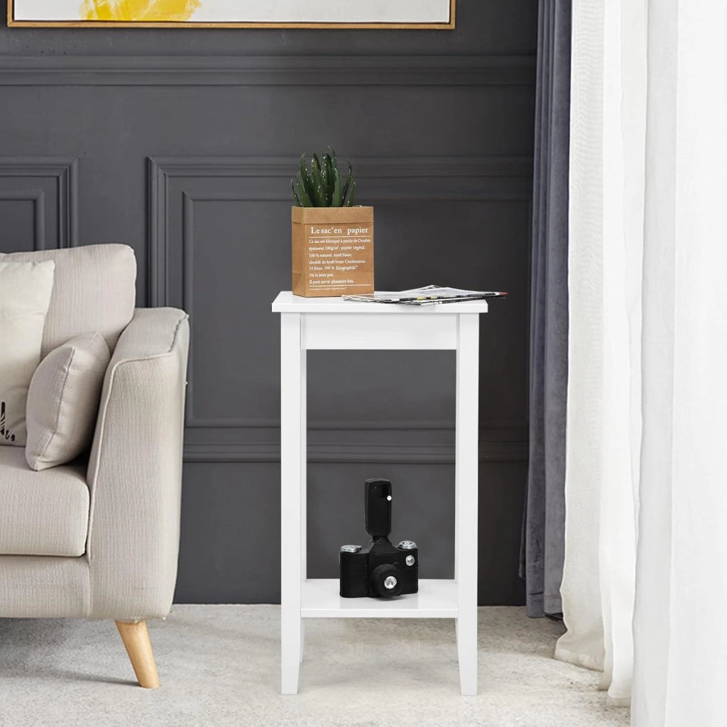 Set di 2 Tavolini da Salotto Alti a 2 Livelli Aperti, Tavolino Comodino in Legno di Pino Massicio, Tavolino Moderno Portaoggetti per Soggiorno e Camera da Letto, 40 x 30 x 73,5 cm (2, Bianco)