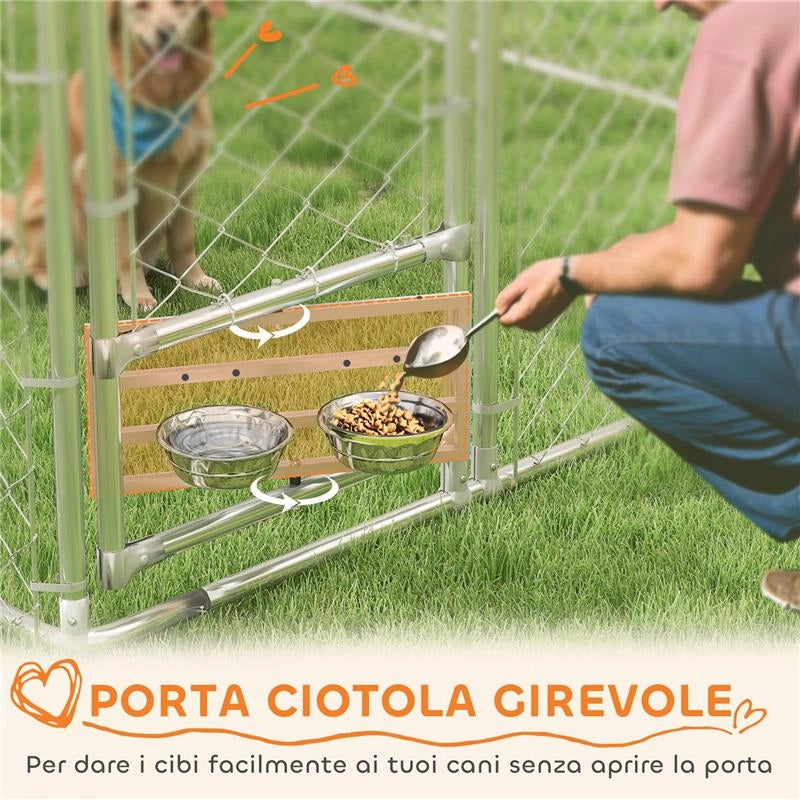 RECINTO PER CANI CON COPERTURE E CIOTOLE GIREVOLI, IN ACCIAIO E TESSUTO OXFORD, 4X2.3X1.5 M, ARGENTO