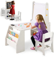 Set 3 in 1 Tavolo e Sedia per Bambini 3+ Anni, Tavolo in Legno Sicuro con Lavagna, Sedia, Lavagna Bianca, Rotolo di Carta, 2 Ripiani Aperti e Libreria a 2 Ripiani, Ideale per Disegno (Grigio)
