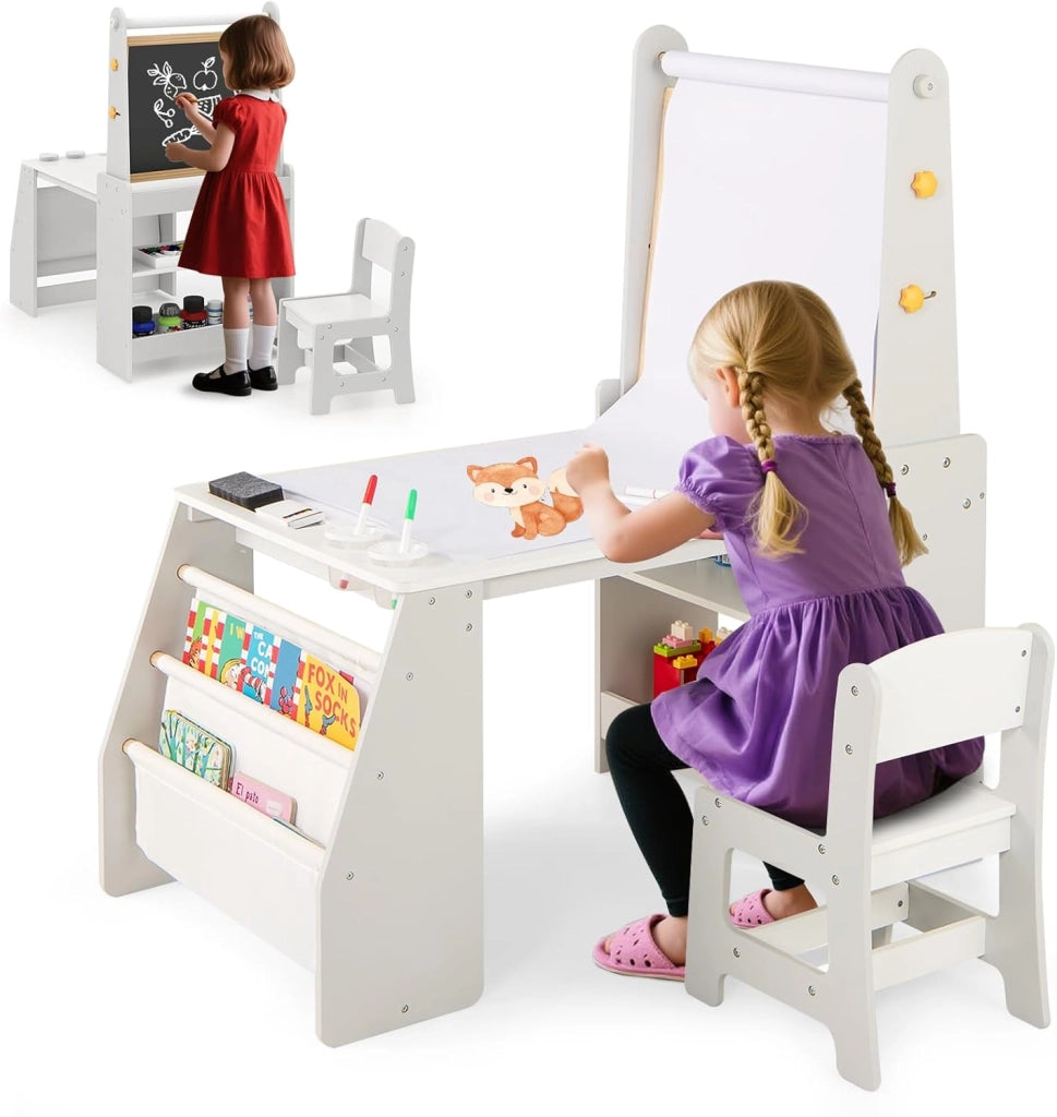 Set 3 in 1 Tavolo e Sedia per Bambini 3+ Anni, Tavolo in Legno Sicuro con Lavagna, Sedia, Lavagna Bianca, Rotolo di Carta, 2 Ripiani Aperti e Libreria a 2 Ripiani, Ideale per Disegno (Grigio)