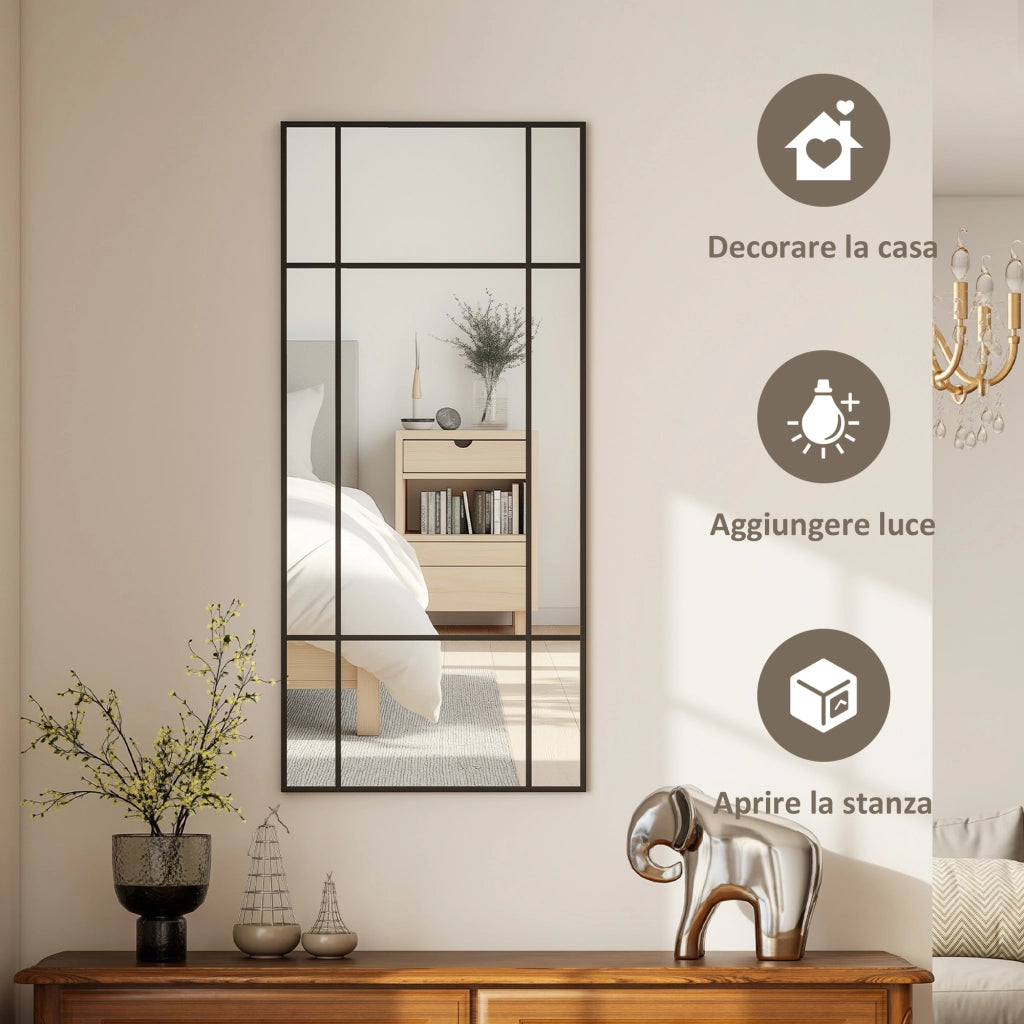 Specchio da Parete Stile Finestra 110x50 cm con Montaggio Verticale e Orizzontale Nero