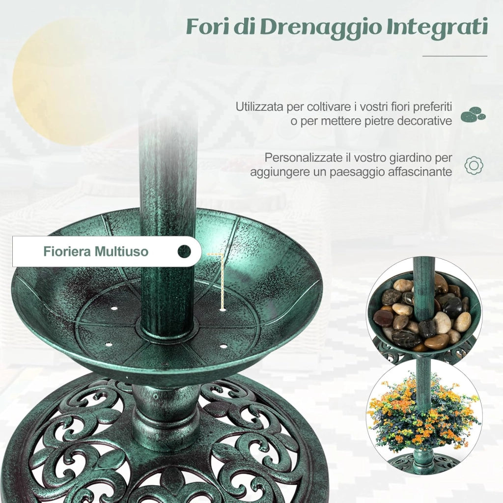 Vasca per Uccelli da Giardino a Energia Solare, Abbeveratoio e Mangiatoia per Uccelli da Esterno con 2 Lampade a Energia Solare, Fioriera e Supporto Riempibile (Verde)