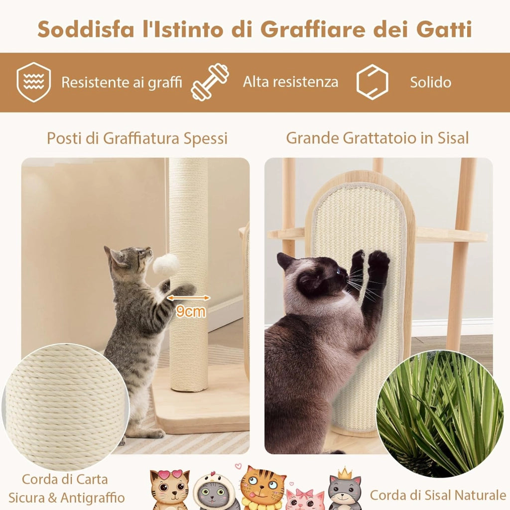 Tiragraffi per Gatti Piccola/Media, Albero per Gatti in Legno a Multilivello con Tavola e Palo Tiragraffi in Sisal, Posto Imbottito, Piattaforma e Palline