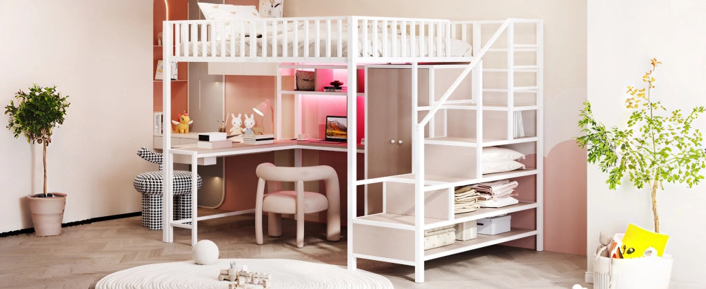DESMIU Letto a soppalco 2 posti con scrivania, armadio, scaffali, USB e Type-C 140 × 200 cm senza materasso