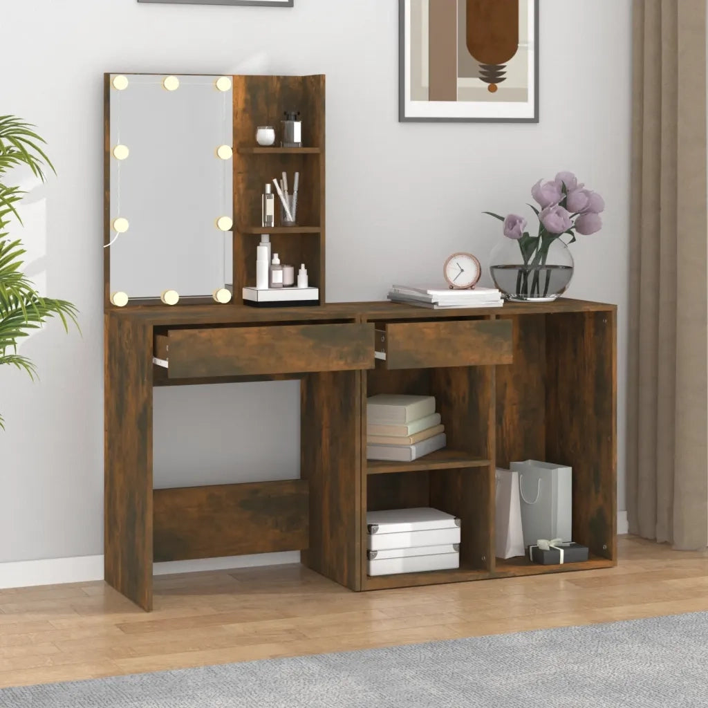 Toeletta | Tavolo da Trucco con LED e Armadietto Rovere Fumo in Legno Multistrato
