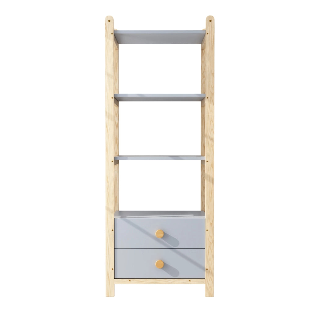 Scaffale a 4 livelli con 2 cassetti, struttura in pino, colore blu e legno naturale, 70x44x180 cm