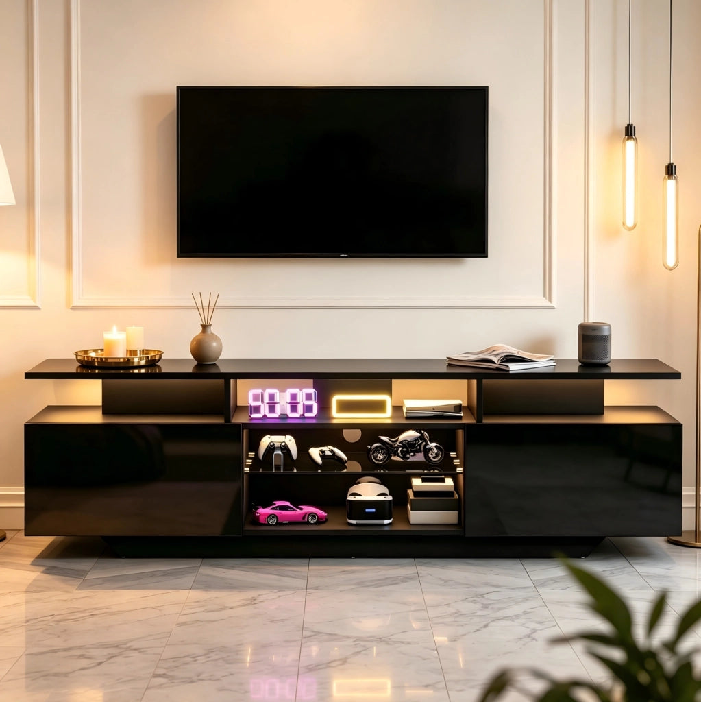 Mobile porta TV 160 x 40 x 45 cm con LED via app; 2 vani chiusi; MDF; nero