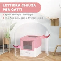 Lettiera per Gatti Chiusa in PP a 2 Porte con Paletta e Vassoio Estraibile, 47.5x35.5x36.7 cm, Rosa e Bianco