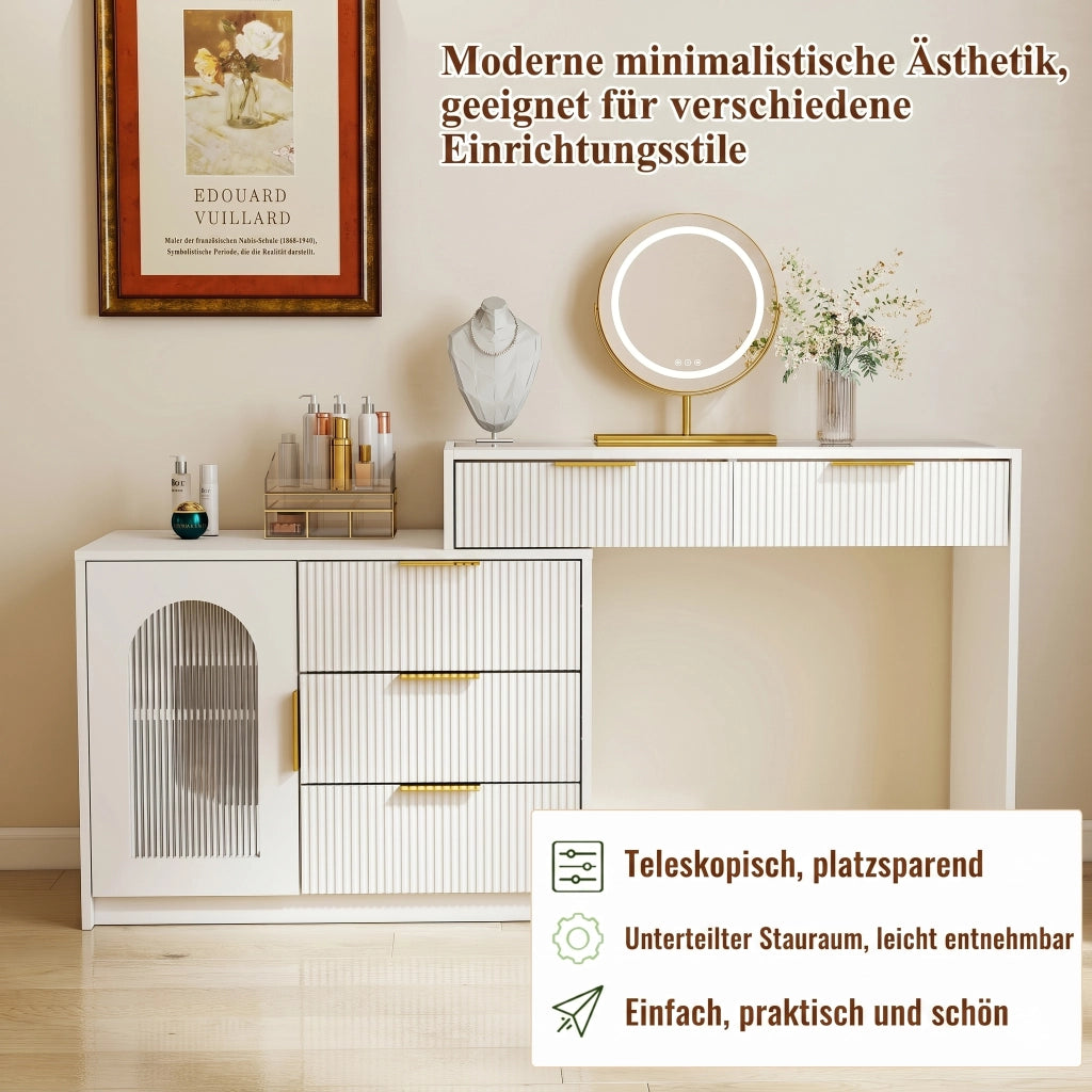 Tavolo da toeletta moderno con piano vetro; piano estraibile; specchio LED; finitura rigata; Bianco; H75×B90-160×P40cm