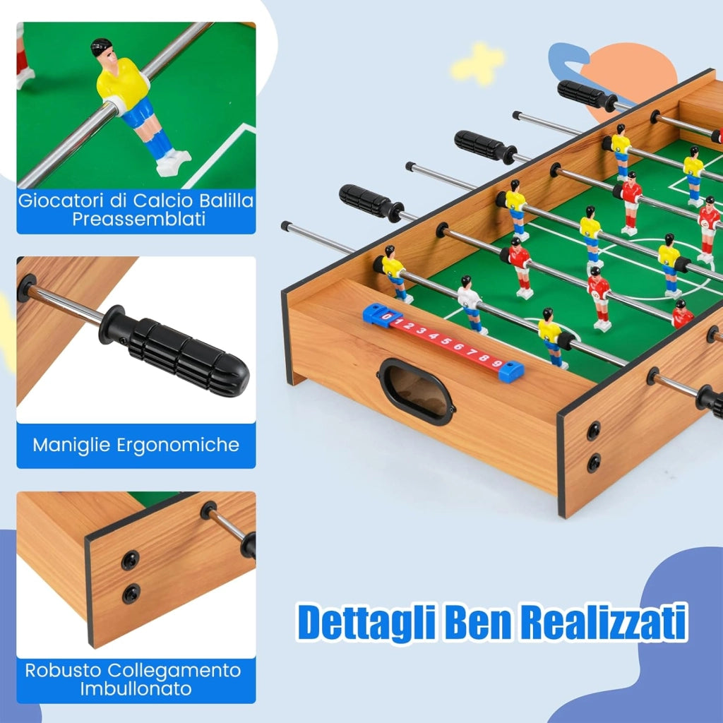 2 in 1 Calcio Balilla in Legno, Calcetto da Tavolo e Hockey da Tavolo con 6 Aste, con 2 Segnapunti, Biliardino per Bambini e Adulti da Casa, 69 x 36 x 10 cm