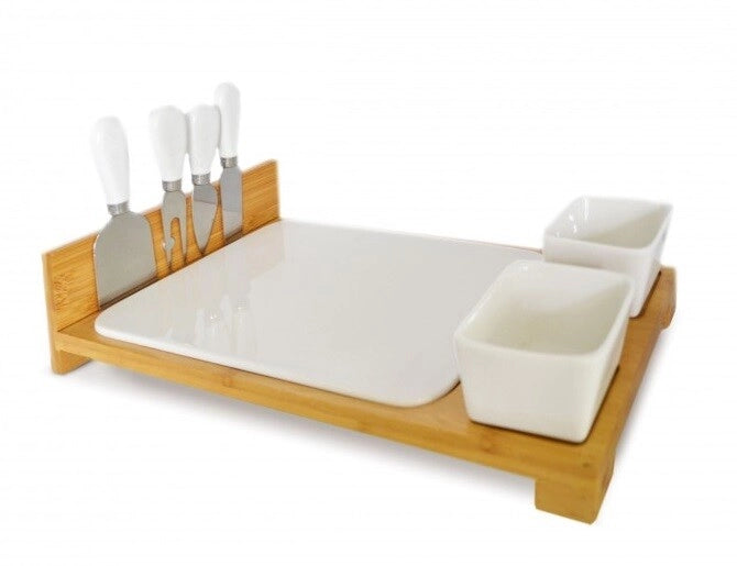 Set Tagliere con Ciotole in Porcellana e Coltelli Formaggio 20 x 43 cm