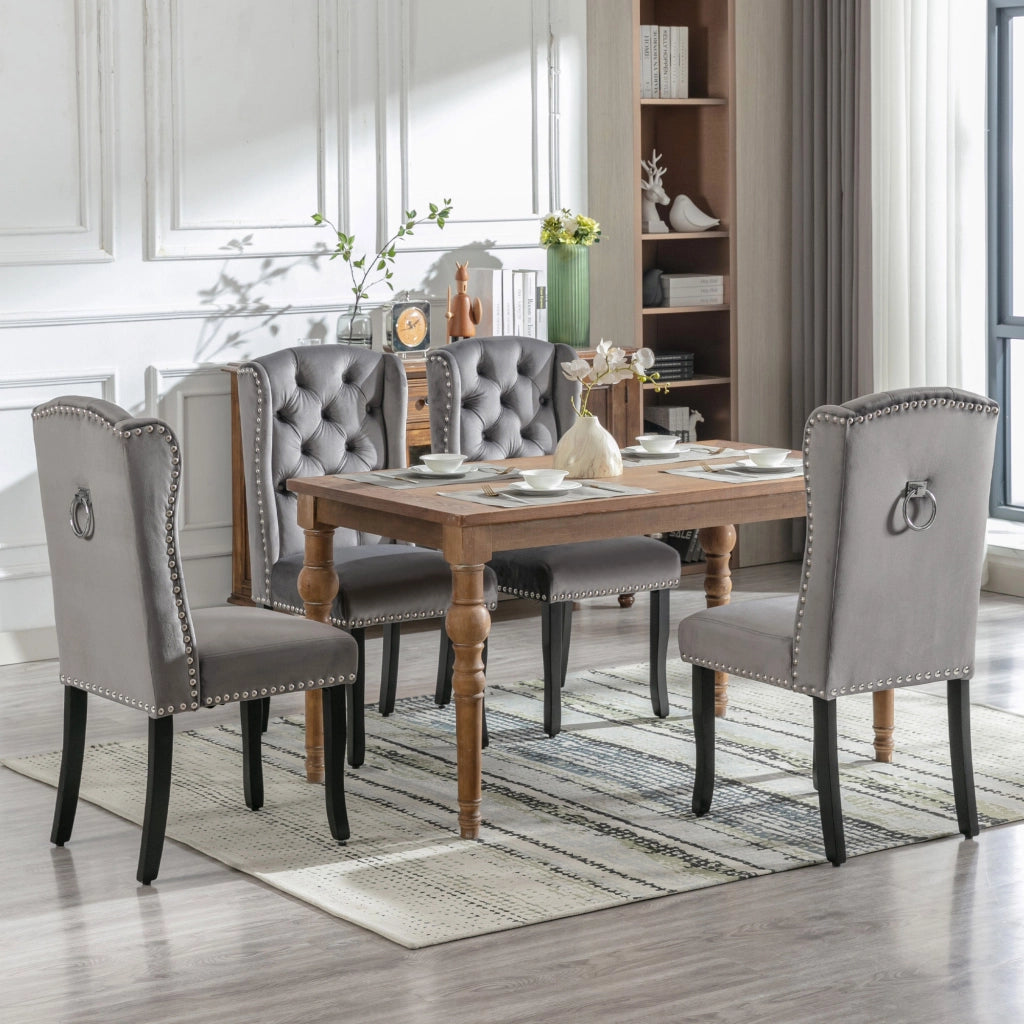 Set di 2 sedie da pranzo in velluto grigio con gambe in legno di quercia, stile moderno