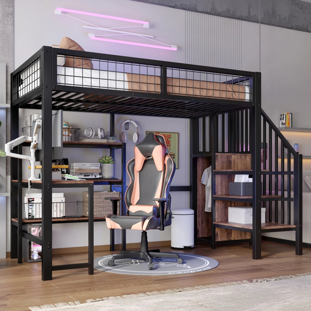 DESMIU Letto a soppalco 1 piazza con scrivania, mensole e armadio, 90 × 200 cm, senza materasso, nero e marrone