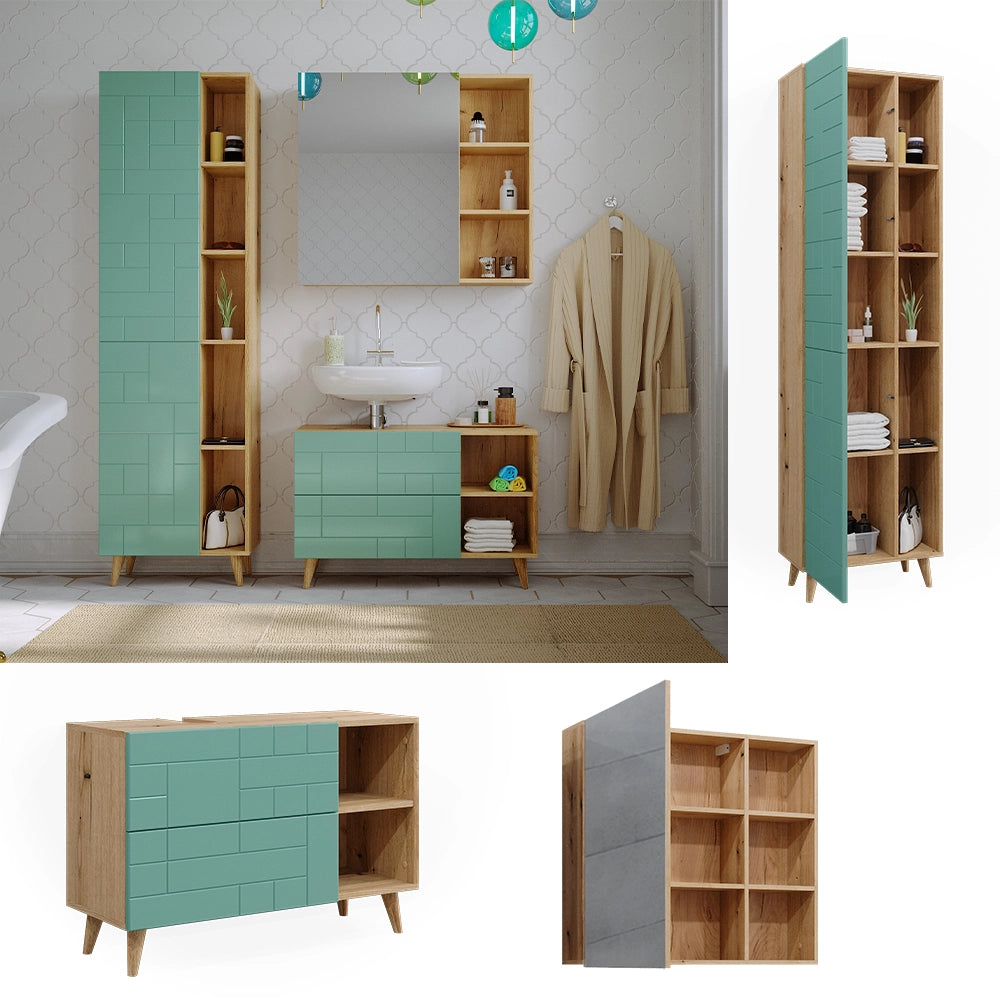 Vicco Set di mobili da bagno Verde menta 3 parti, con colonna