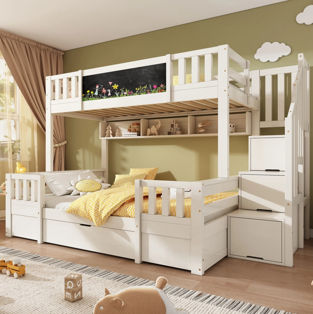 Letto a castello per 3 persone con lavagna; scala contenitore e cassetti; 253x145x150 cm; bianco