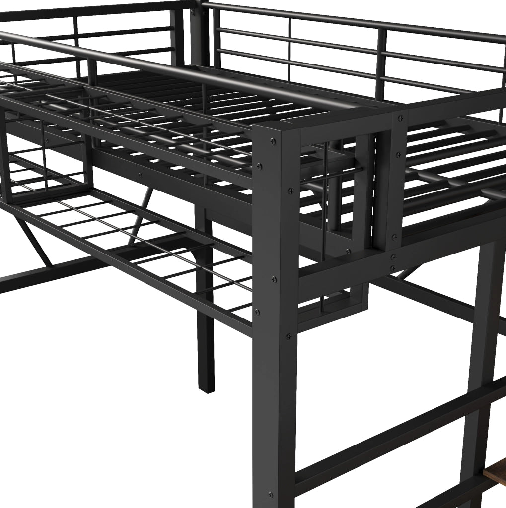 Letto a soppalco 251.5x113x170 cm con scaffale a gradini; elementi a griglia e luce LED; MDF e metallo; nero