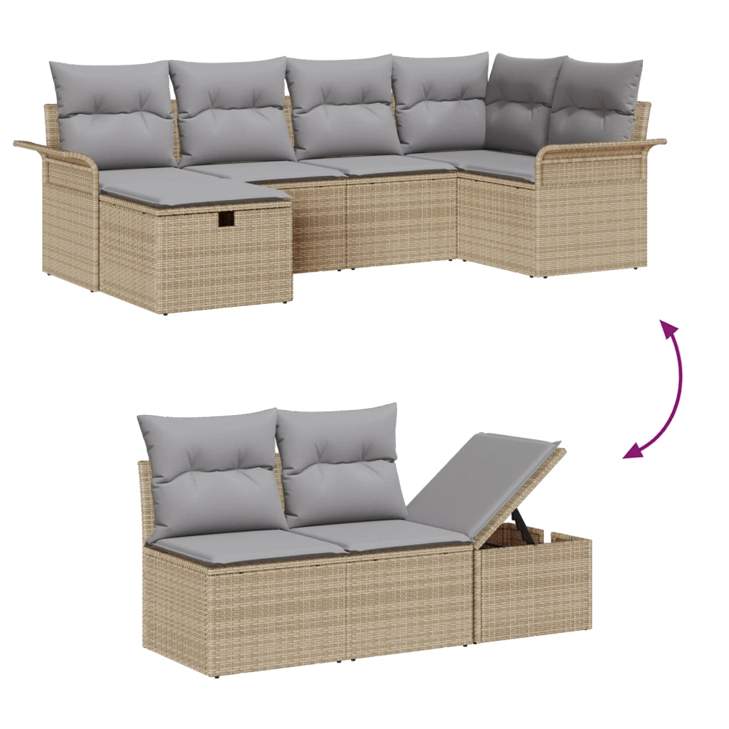 Set di Divani da Giardino 6 Pezzi con Cuscini Beige Rattan Sintetico