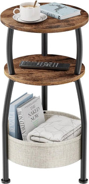 Tavolo Rotondo con Accessori Ø30 cm – Tavolo Salotto Compatto con Cassettone & 2 Nivele – Design Industriale – Moka/Ferro – Ideale per Spazi Ristretti