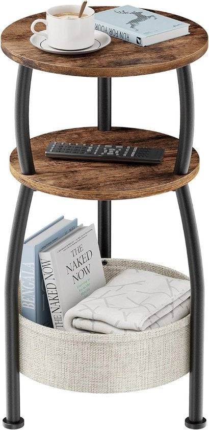 Tavolo Rotondo con Accessori Ø30 cm – Tavolo Salotto Compatto con Cassettone & 2 Nivele – Design Industriale – Moka/Ferro – Ideale per Spazi Ristretti