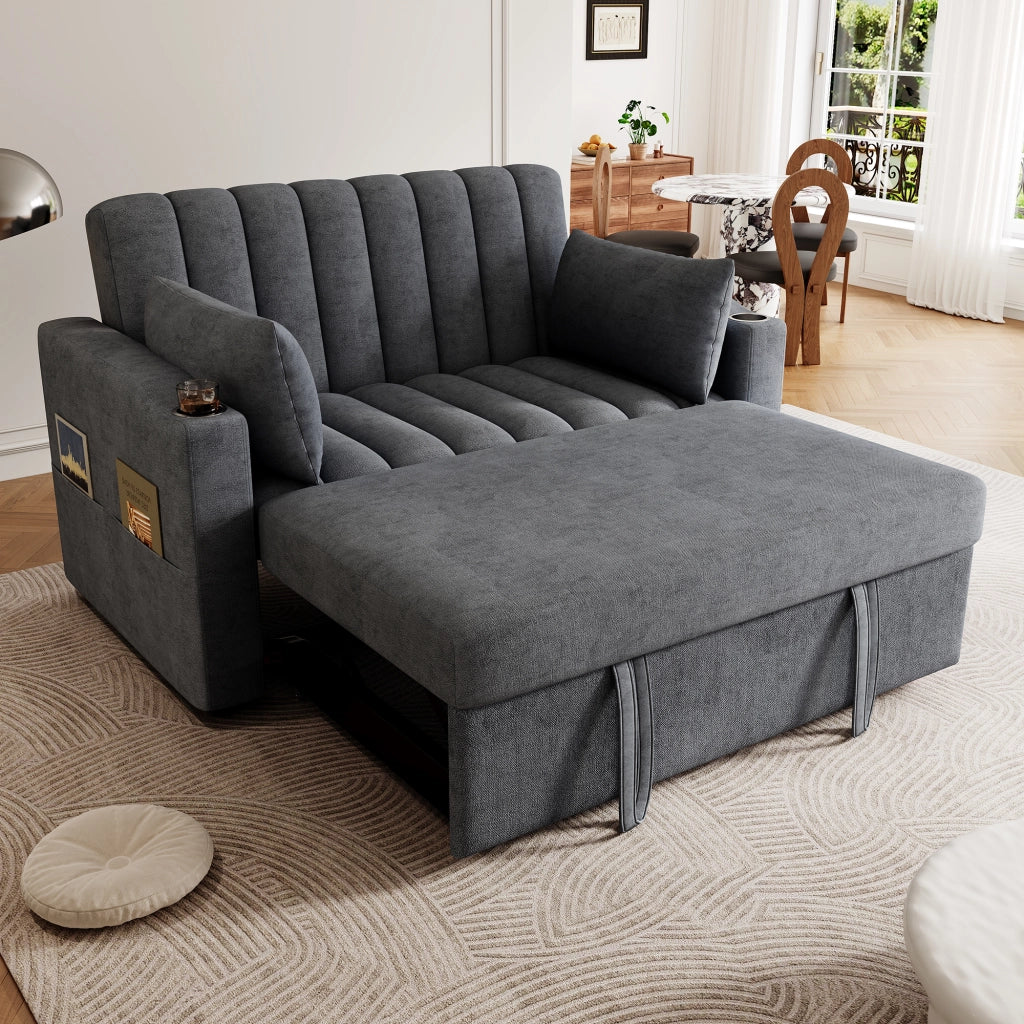 OKWISH Divano Letto 2 Posti, Schienale Regolabile a 3 Posizioni, Portabicchieri, 2 Cuscini e Tasche, Cotone Lino Grigio