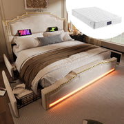 Letto Contenitore Imbottito con Cassetti, LED e USB ¨C MINIMAL ¨C Velluto Beige 160x200 con Materasso