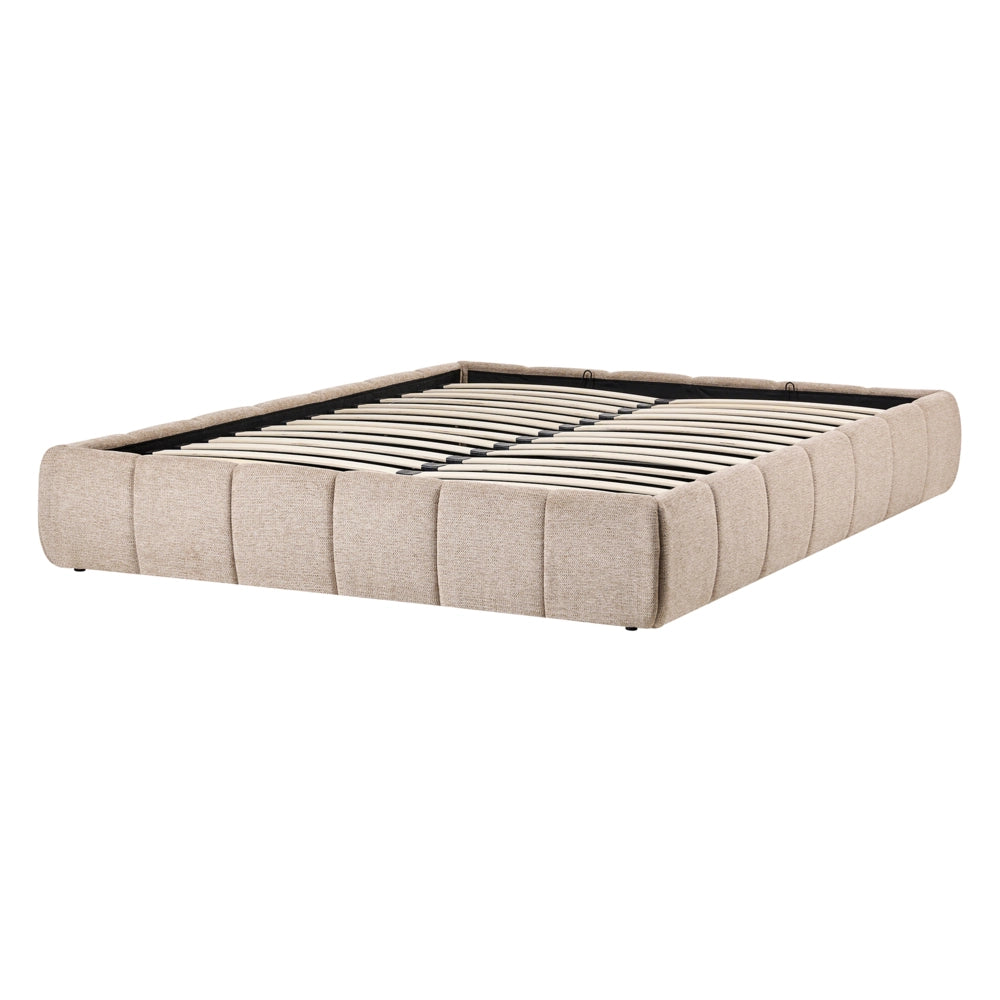 Letto matrimoniale in tessuto beige imbottita, con contenitore e panca 140x200 cm design moderno
